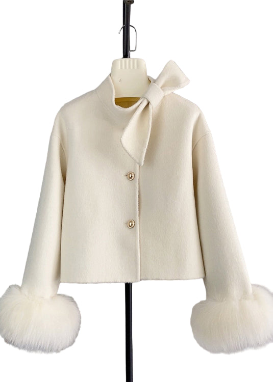 Kvinders Kort Frakke med Sløjfe og Rævehårmanchetter 0