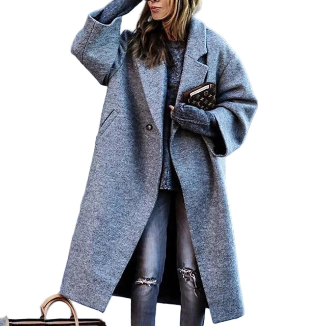 Kvinders Lang Frakke Uldblanding Oversized Pasform 0