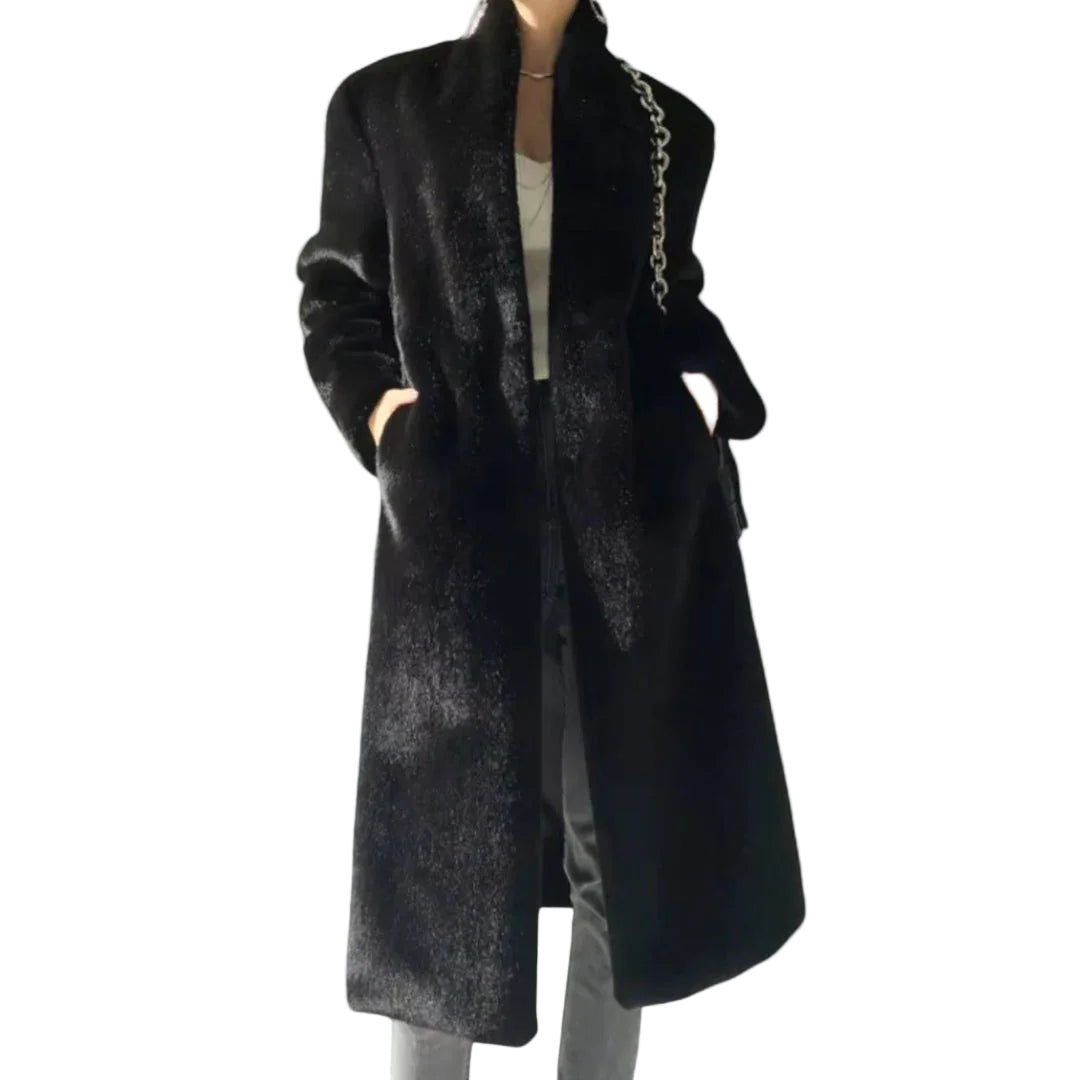 Kvinders Lang Frakke i Imiteret Pels 0