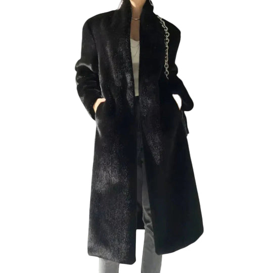 Kvinders Lang Frakke i Imiteret Pels 0