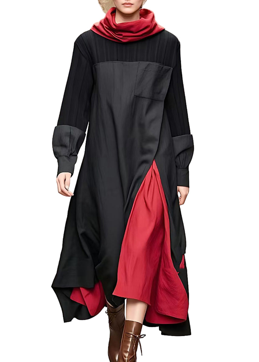 Kvinders Lang Kjole med Rullekrave og Patchwork Design 0