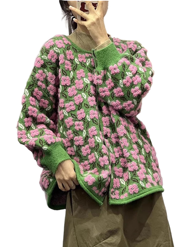 Kvinders Langærmet Blomstret O-hals Strik Frakke 0