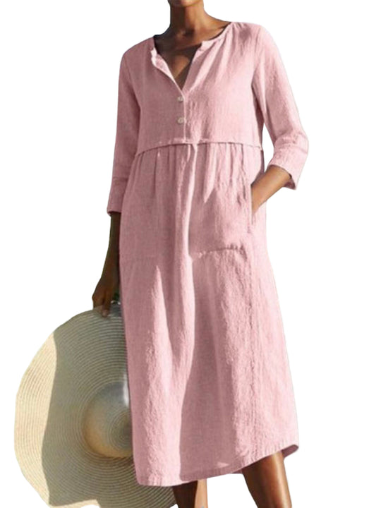 Kvinders Langærmet Kjole Rund Hals Knap Lomme Linned 0