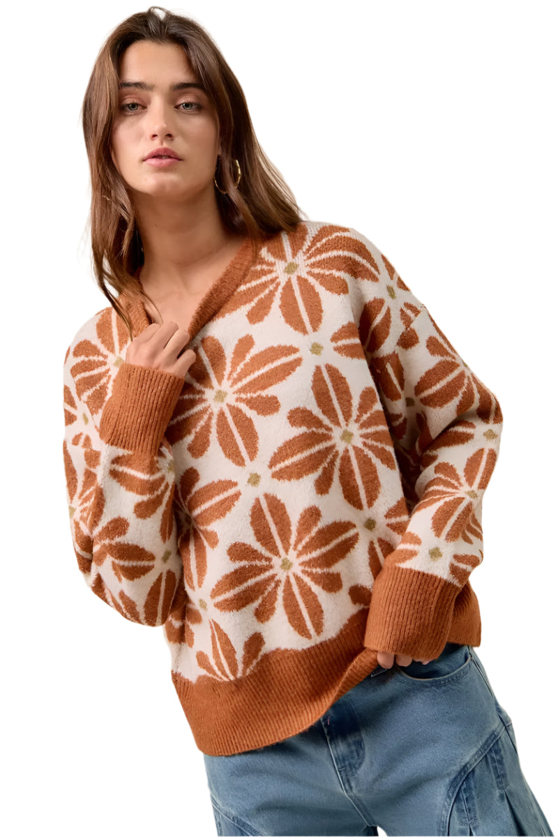 Kvinders Langærmet Sweater V-Hals Akrylmix Blomster Mønster 0