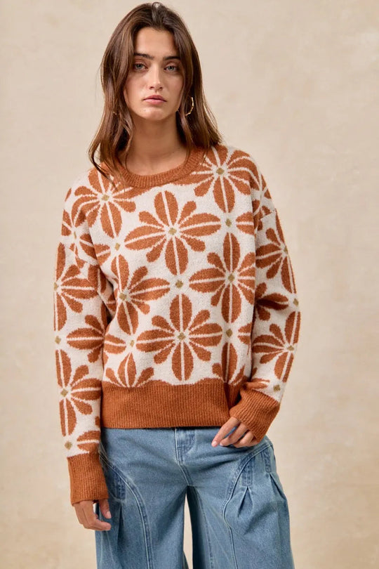 Kvinders Langærmet Sweater V-Hals Akrylmix Blomster Mønster 1