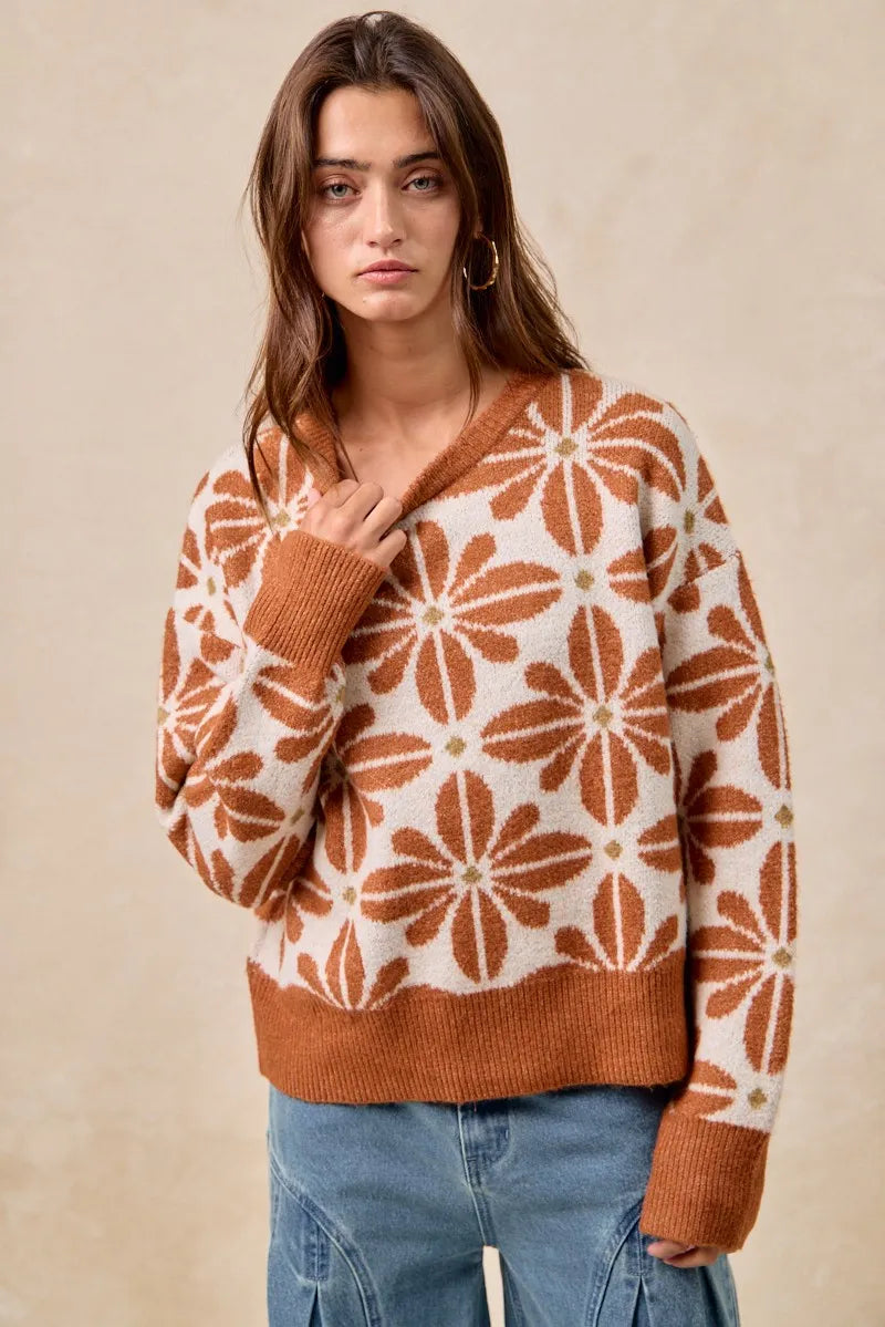 Kvinders Langærmet Sweater V-Hals Akrylmix Blomster Mønster 2