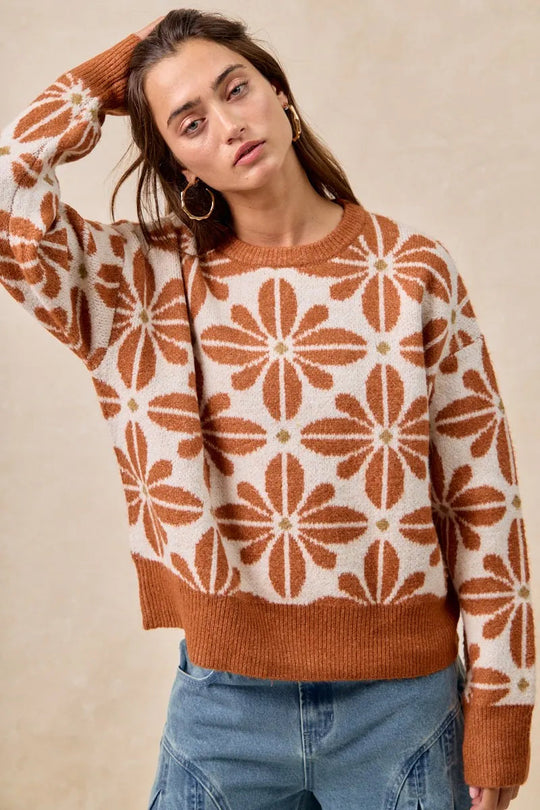 Kvinders Langærmet Sweater V-Hals Akrylmix Blomster Mønster 3