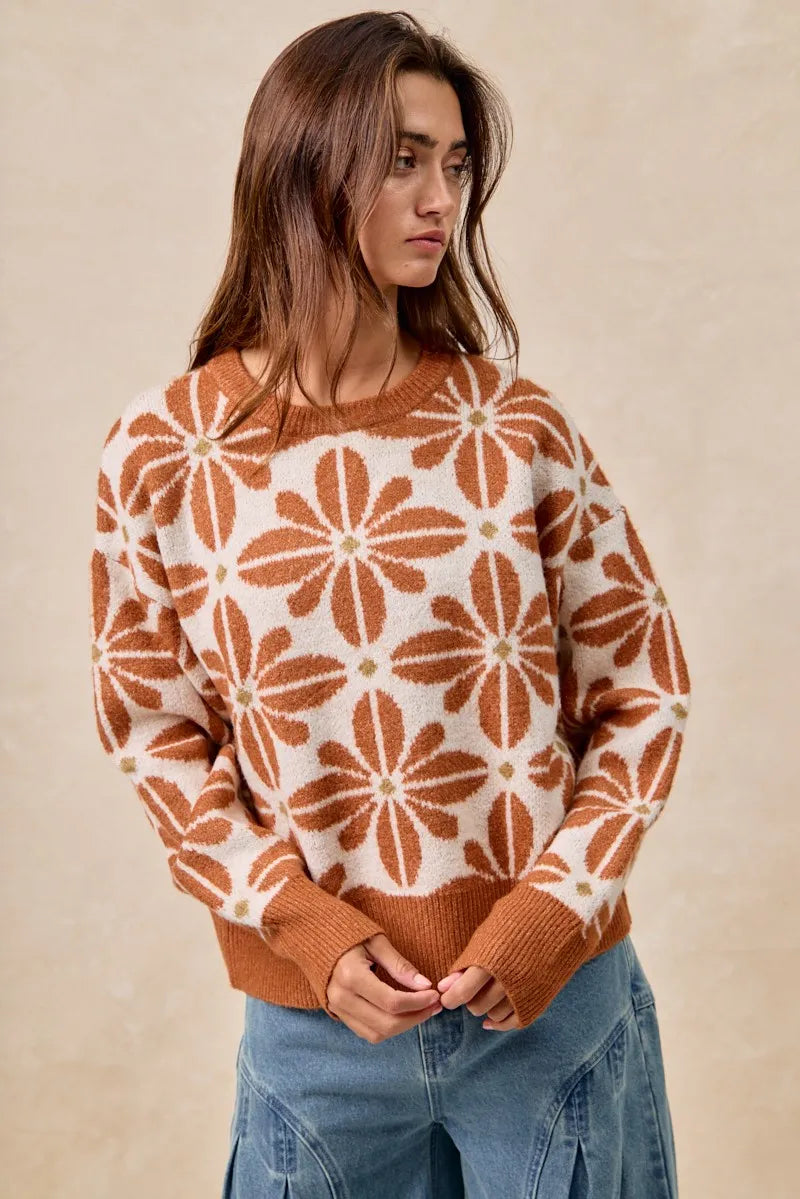 Kvinders Langærmet Sweater V-Hals Akrylmix Blomster Mønster 4