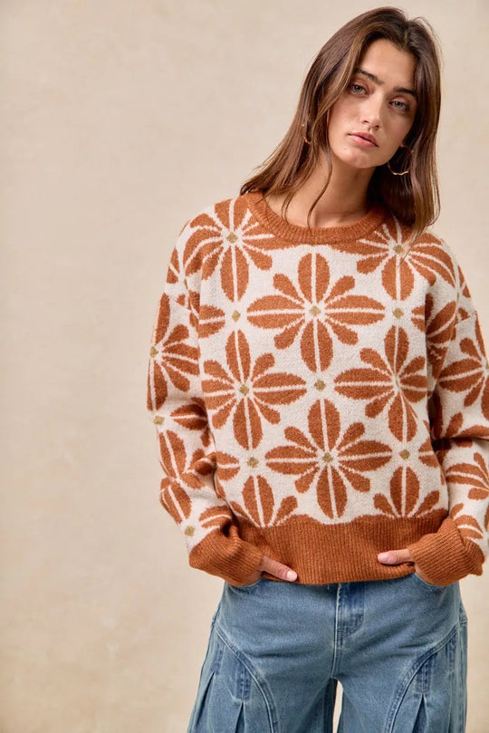 Kvinders Langærmet Sweater V-Hals Akrylmix Blomster Mønster 5