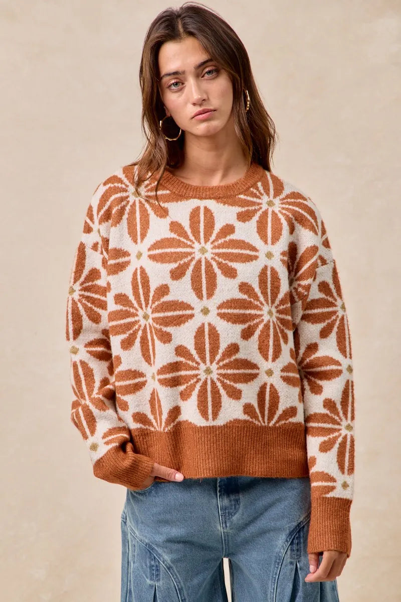 Kvinders Langærmet Sweater V-Hals Akrylmix Blomster Mønster 6