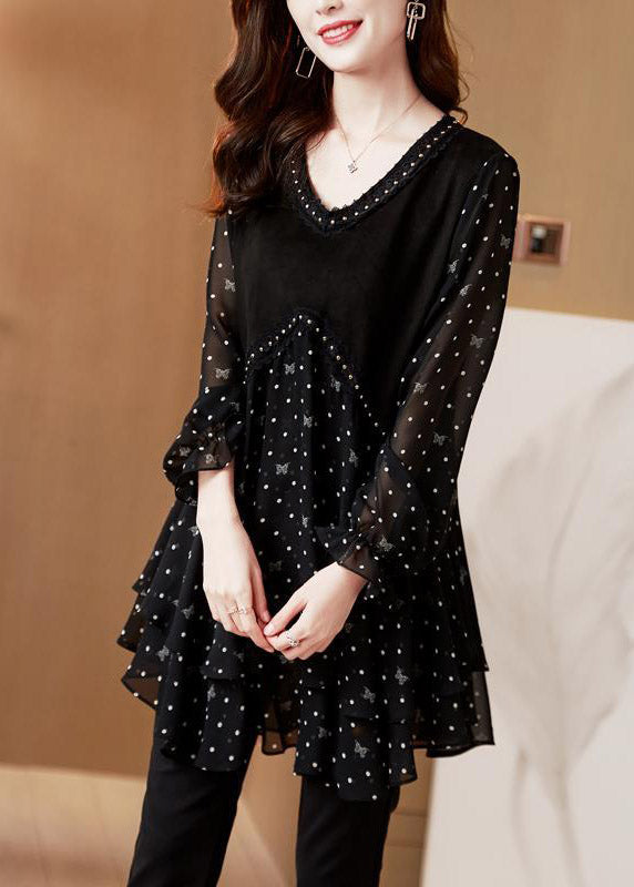 Kvinders Langærmet Top med V-hals og Dot Patchwork Design 1