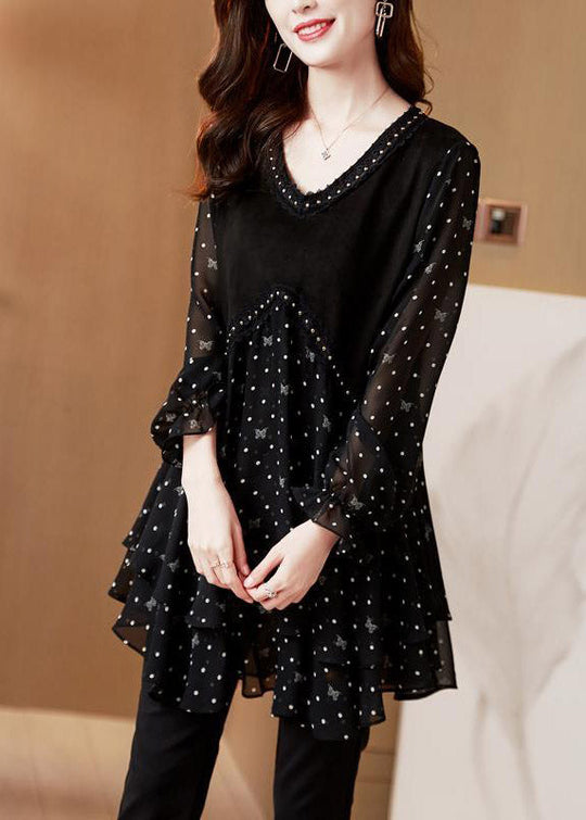 Kvinders Langærmet Top med V-hals og Dot Patchwork Design 1