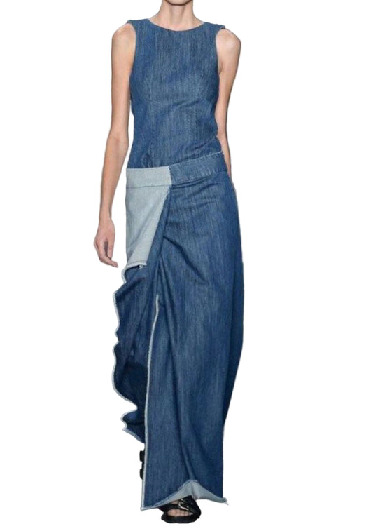 Kvinders Lange Denimkjole med Flæser 0