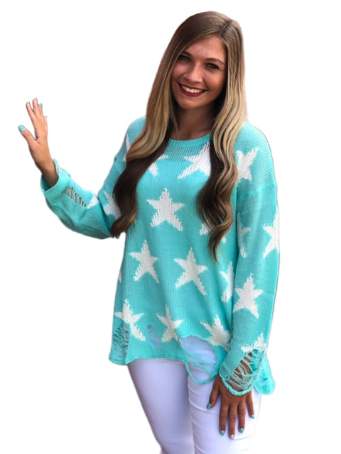 Kvinders Letvægts Sweater med Rund Hals og Stjerneprint 0