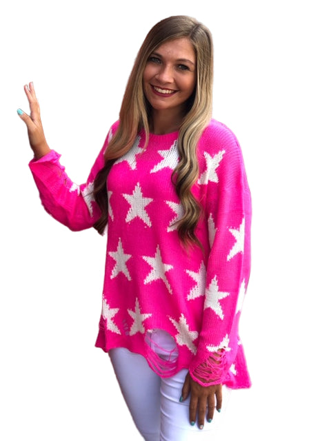 Kvinders Letvægts Sweater med Rund Hals og Stjerneprint 0