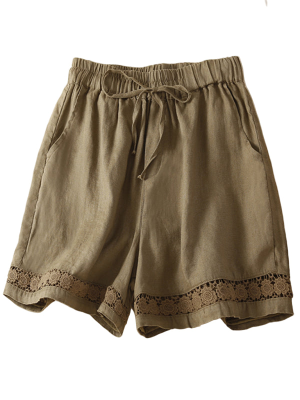 Kvinders Løse Shorts Retro Vævet Bomulds- og Linnedmix med Hulsøm 0