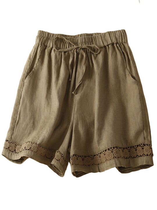 Kvinders Løse Shorts Retro Vævet Bomulds- og Linnedmix med Hulsøm 0