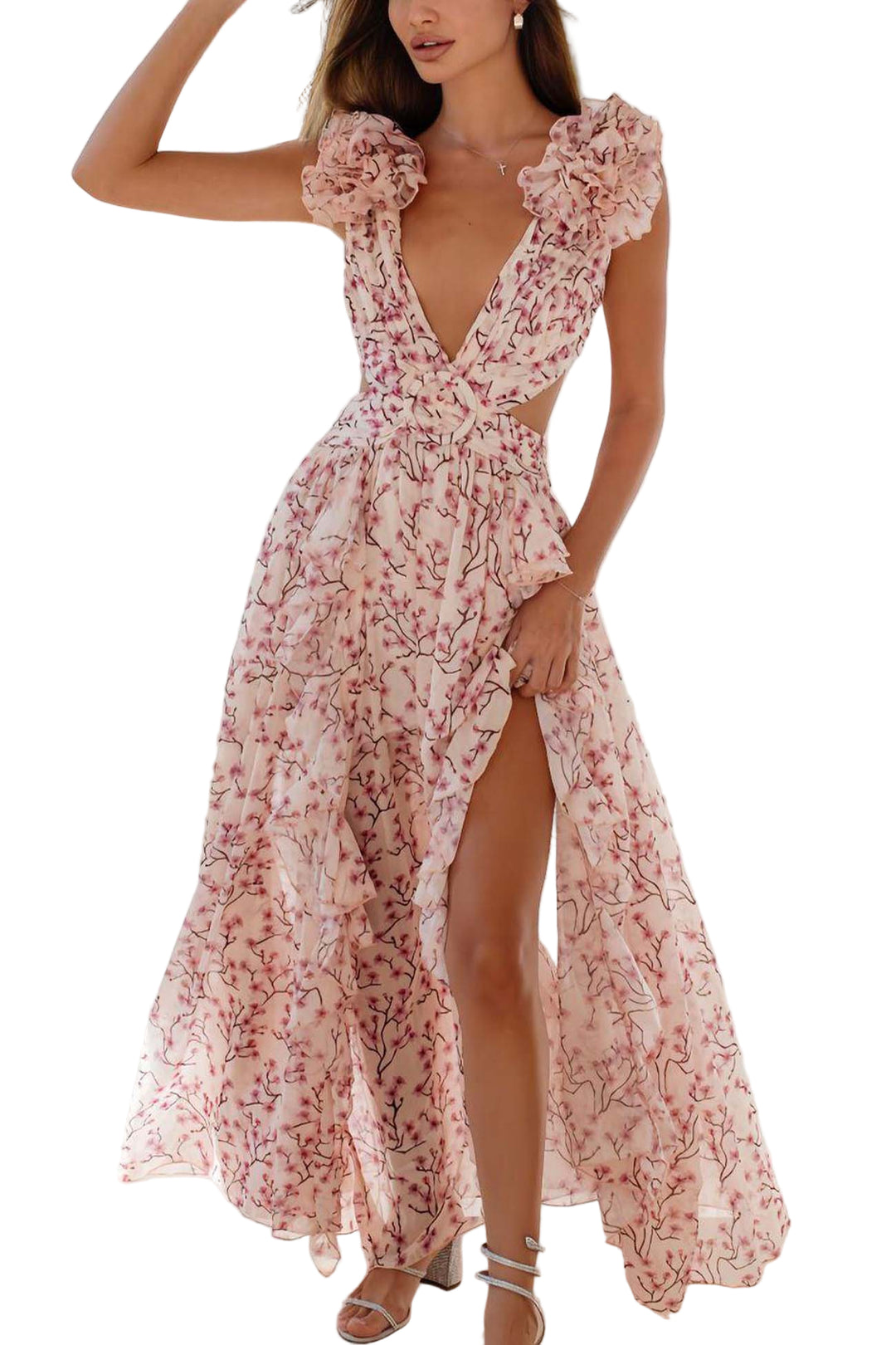 Kvinders Maxi Kjole - Dyb V-Udskæring - Flæseærmer - Udsnit i Taljen - Høj Slids 0