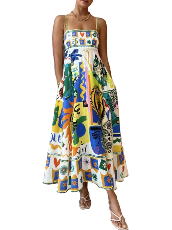 Kvinders Maxi Kjole Med Firkanthalskud Spaghetti Stropper Botanisk Graffiti Print 0