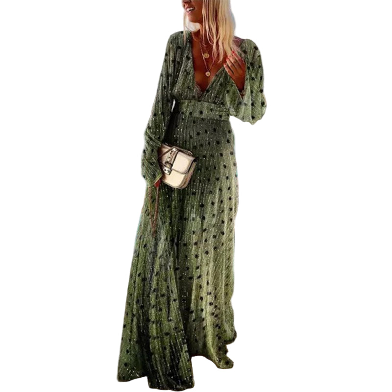 Kvinders Maxi Kjole Med Lange Ærmer Og V-Hals - Flydende Silhuet, Boheme-Inspireret Design 0