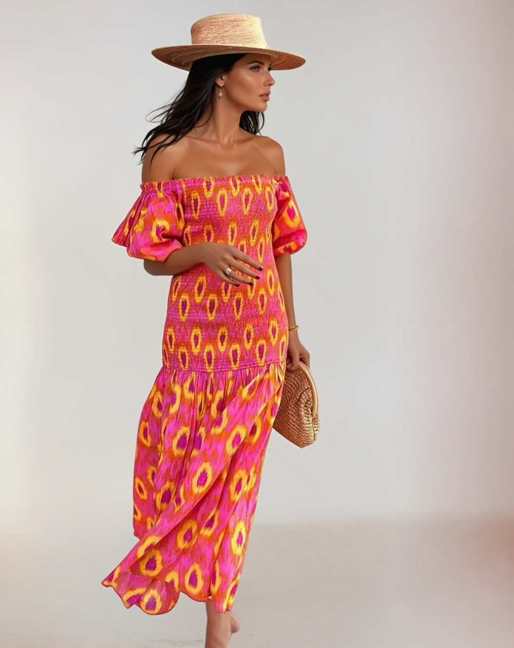 Kvinders Maxi Kjole Med Smocked Bodice Og Puffærmer 1