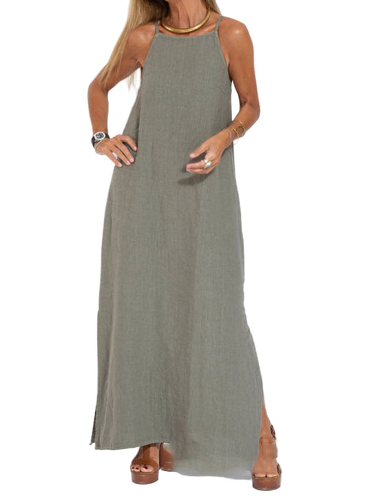 Kvinders Maxi Kjole Spaghetti Stropper i Bomulds-Linned 0