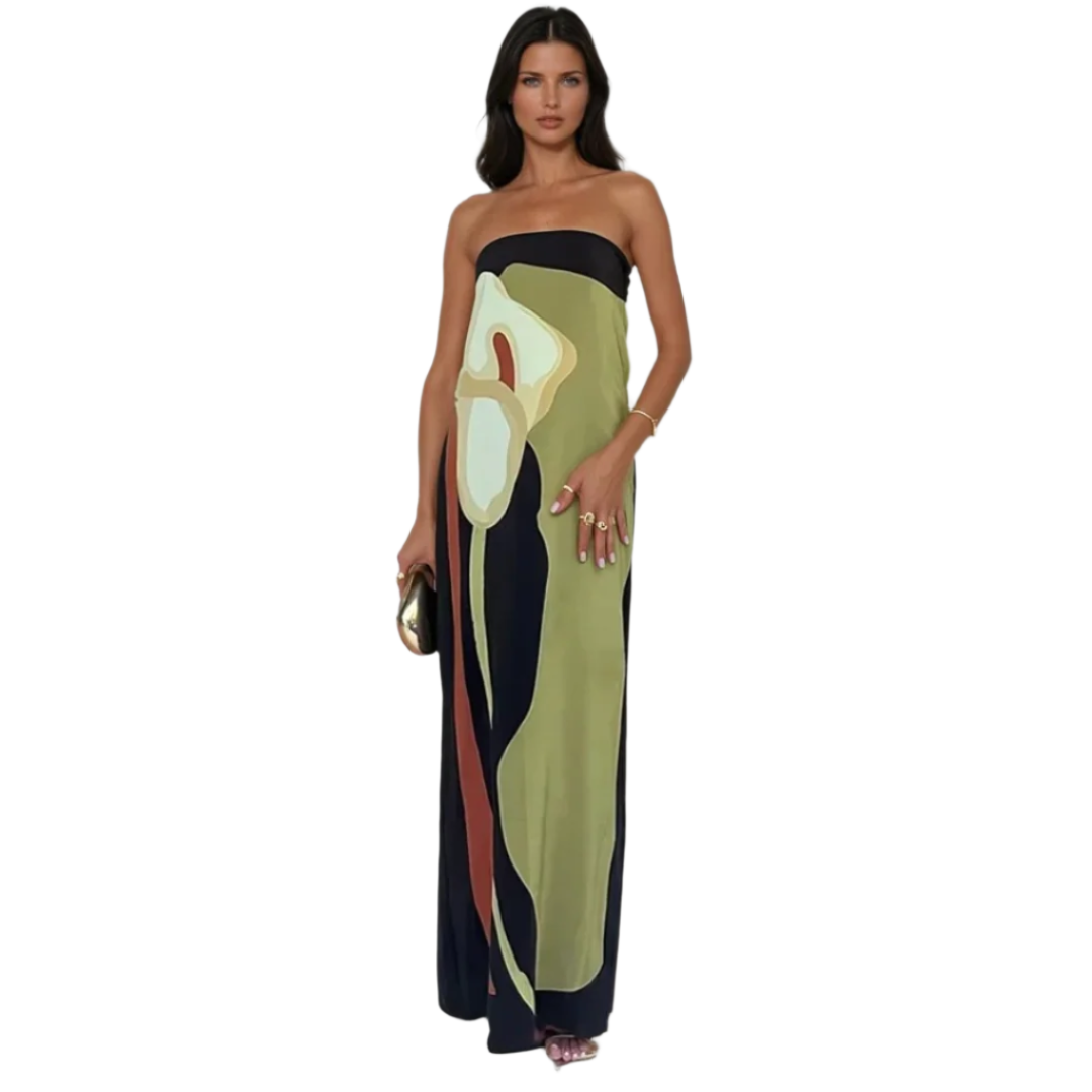 Kvinders Maxi Kjole Strapless Abstrakt Print 0