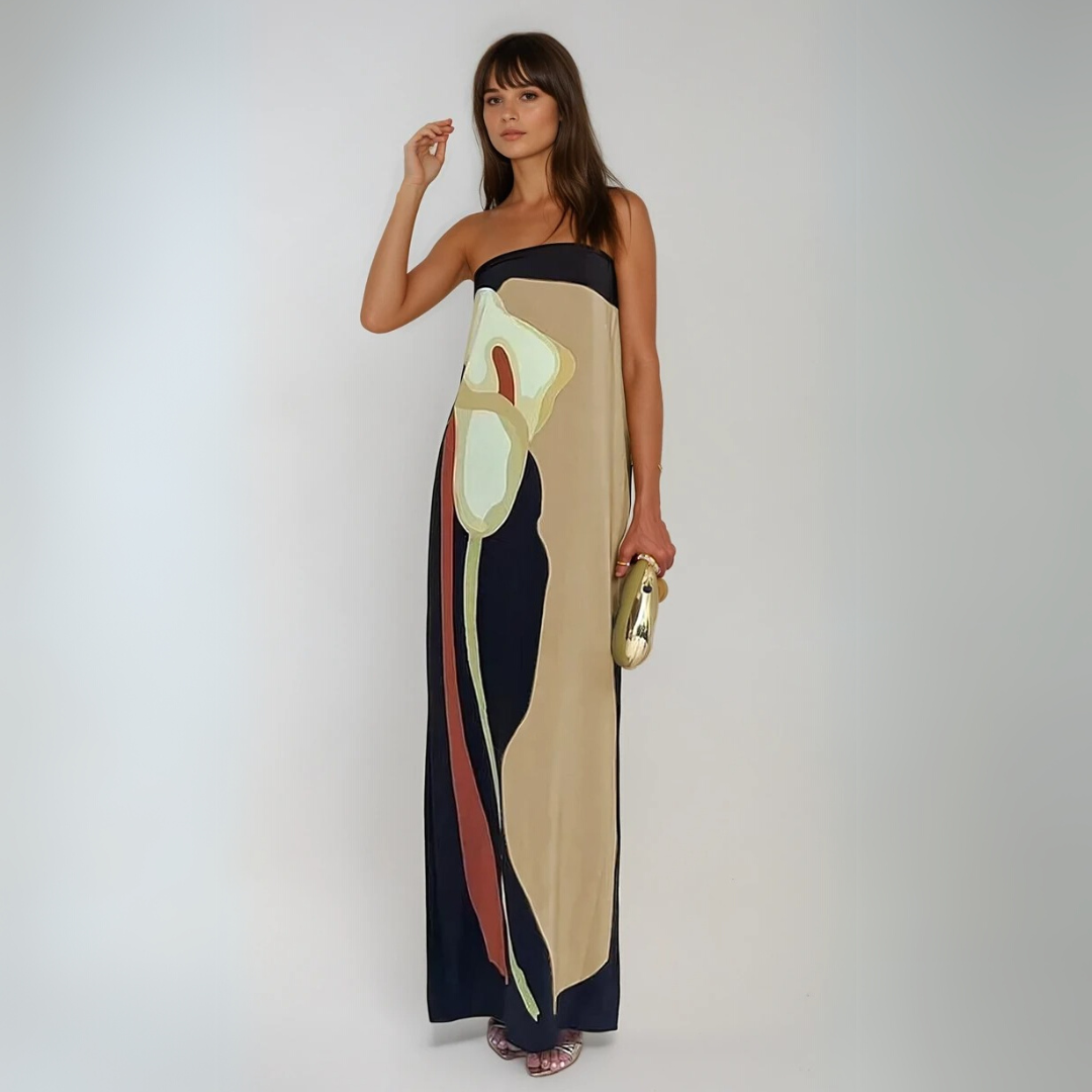 Kvinders Maxi Kjole Strapless Abstrakt Print 1