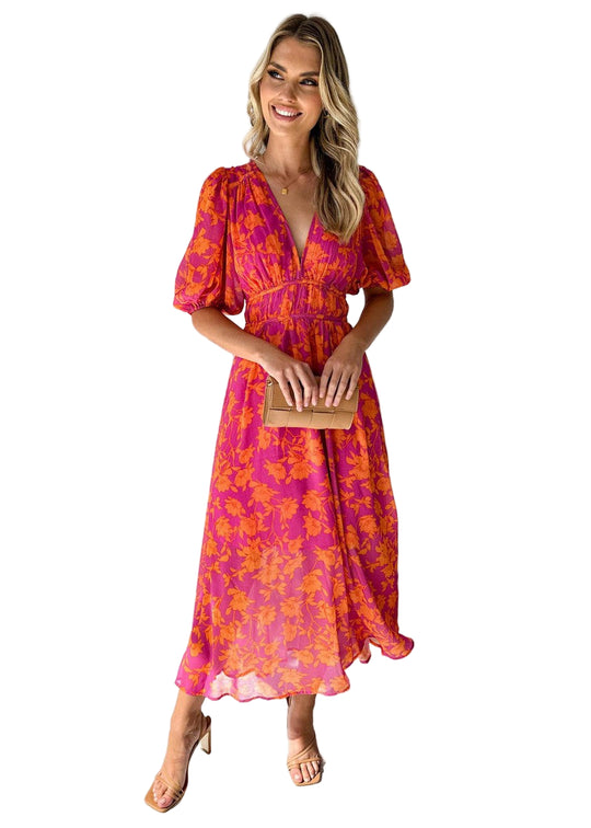 Kvinders Maxi Kjole V-Hals Puffærmer Blomsterprint 0