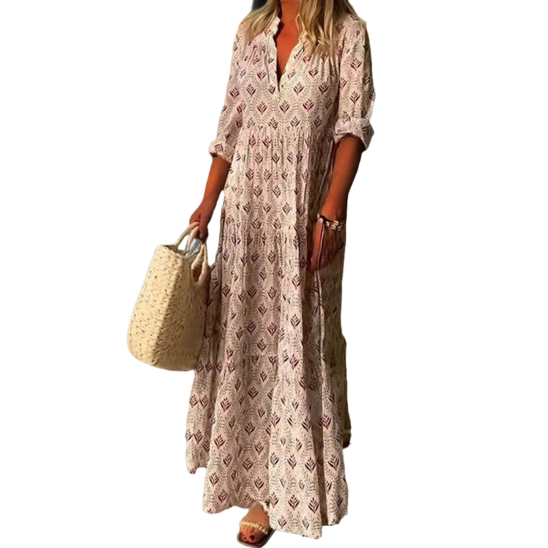 Kvinders Maxi Kjole V-Hals Vintage Print 0