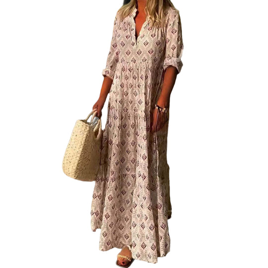 Kvinders Maxi Kjole V-Hals Vintage Print 0