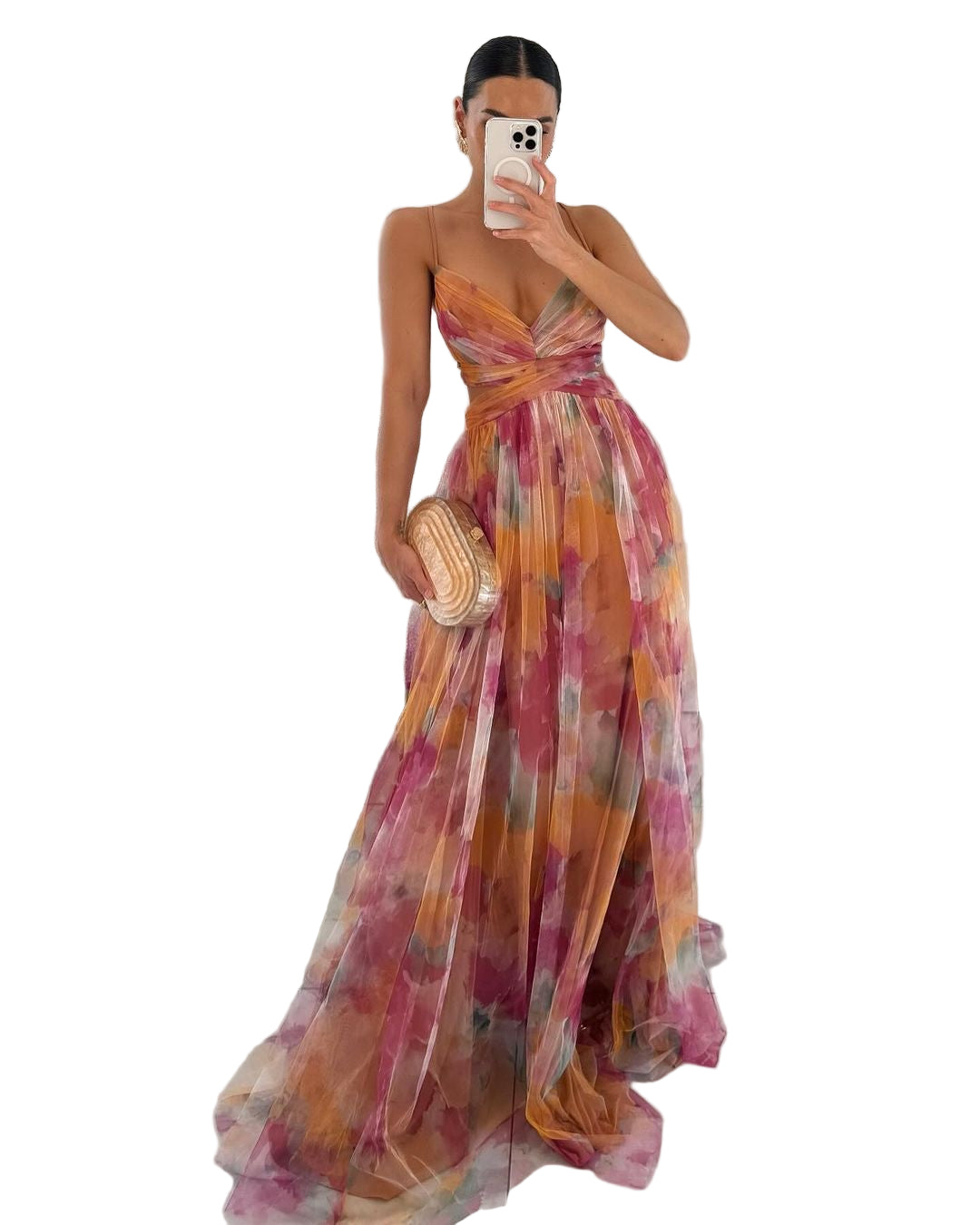 Kvinders Maxi Kjole med Akvarelprint og Krydsdesign 0