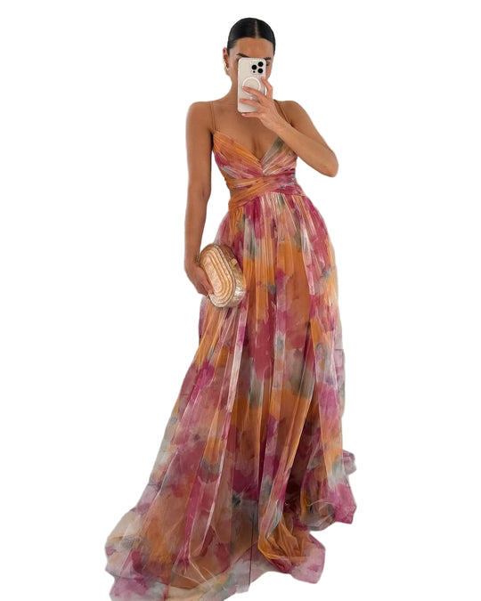 Kvinders Maxi Kjole med Akvarelprint og Krydsdesign 0