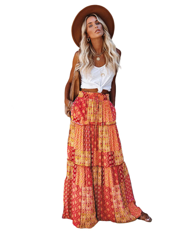 Kvinders Maxi Skirt Bohemian Høj Talje Løs Polyester 0