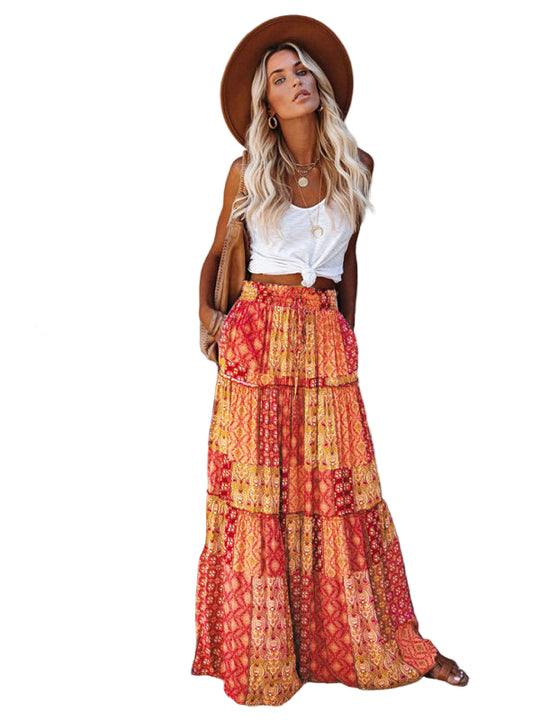 Kvinders Maxi Skirt Bohemian Høj Talje Løs Polyester 0