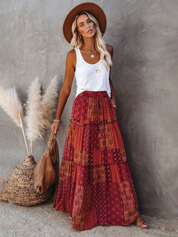 Kvinders Maxi Skirt Bohemian Høj Talje Løs Polyester 1