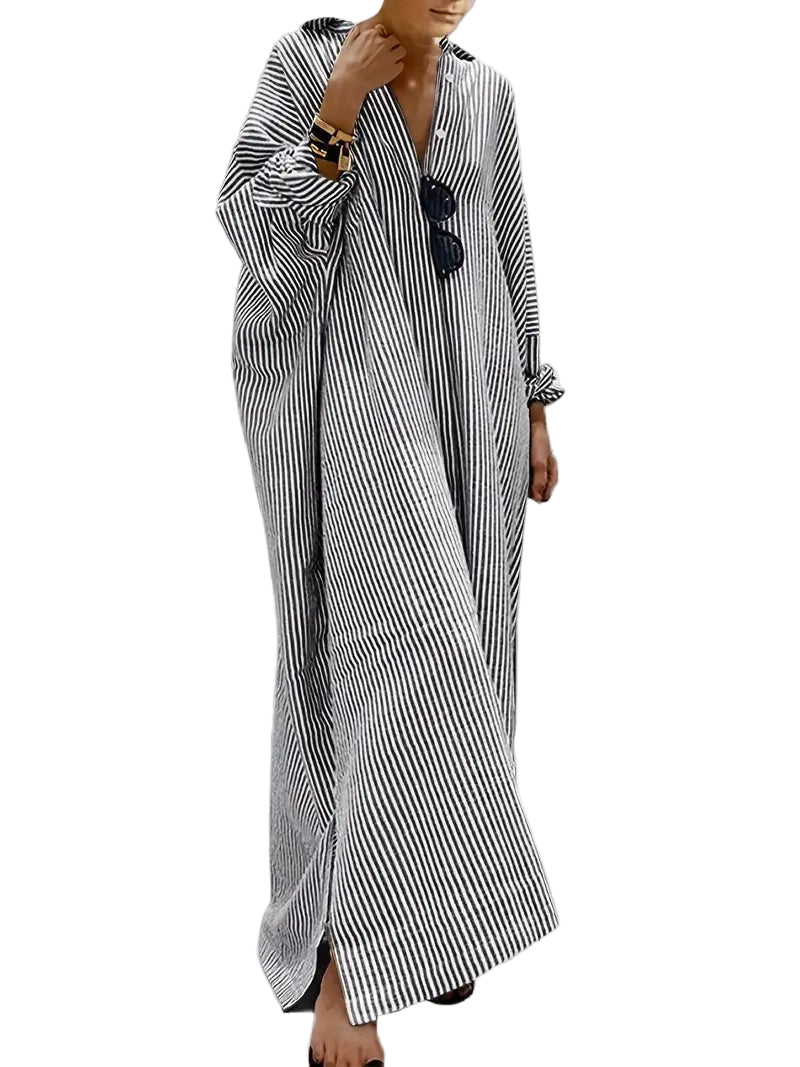 Kvinders Maxikjole Stribet Bomuldsblanding Med Knaplukning 0