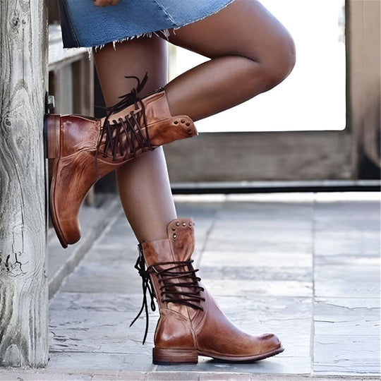 Kvinders Mid-Calf Støvler med Snørebånd og Stud-Detalje 1
