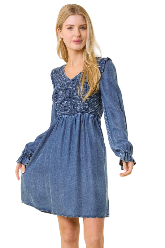 Kvinders Mini Kjole V-Hals Smocked Denim 0