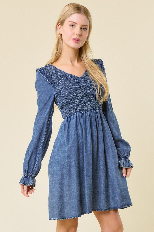 Kvinders Mini Kjole V-Hals Smocked Denim 1