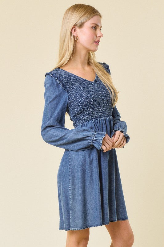 Kvinders Mini Kjole V-Hals Smocked Denim 2