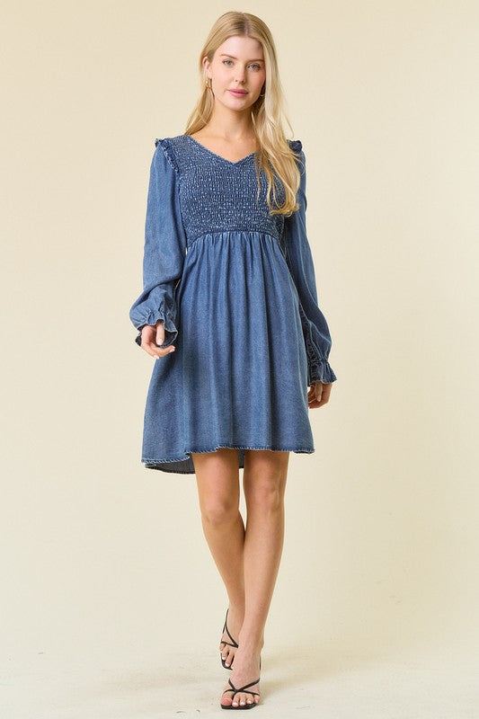 Kvinders Mini Kjole V-Hals Smocked Denim 4