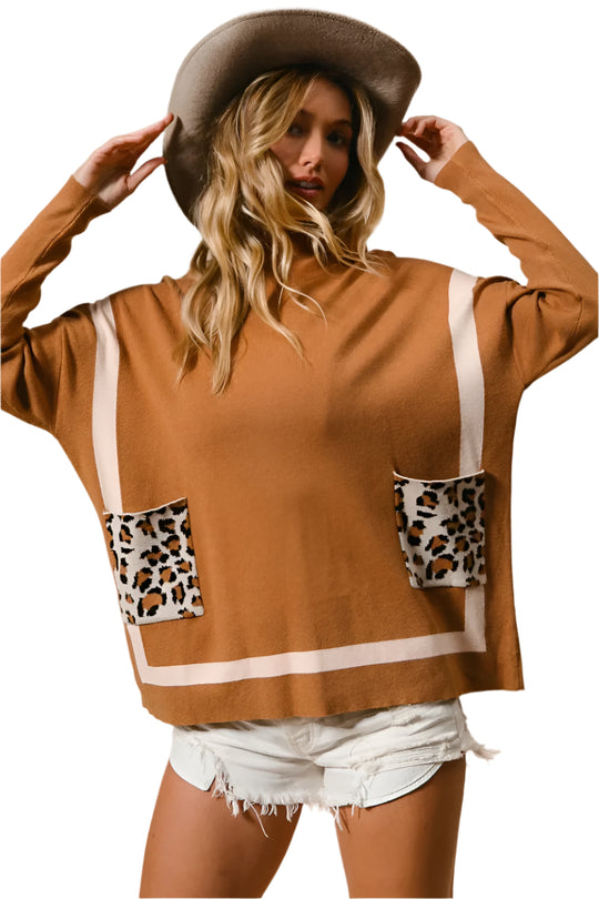 Kvinders Mock Neck Sweater med Leopard Lomme Rayon Nylon 0