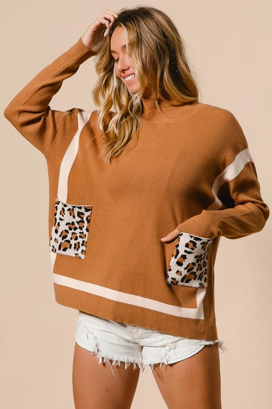 Kvinders Mock Neck Sweater med Leopard Lomme Rayon Nylon 1