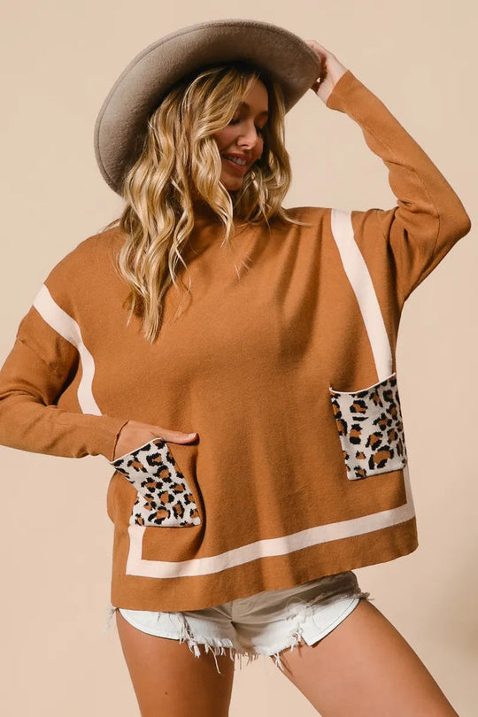 Kvinders Mock Neck Sweater med Leopard Lomme Rayon Nylon 4