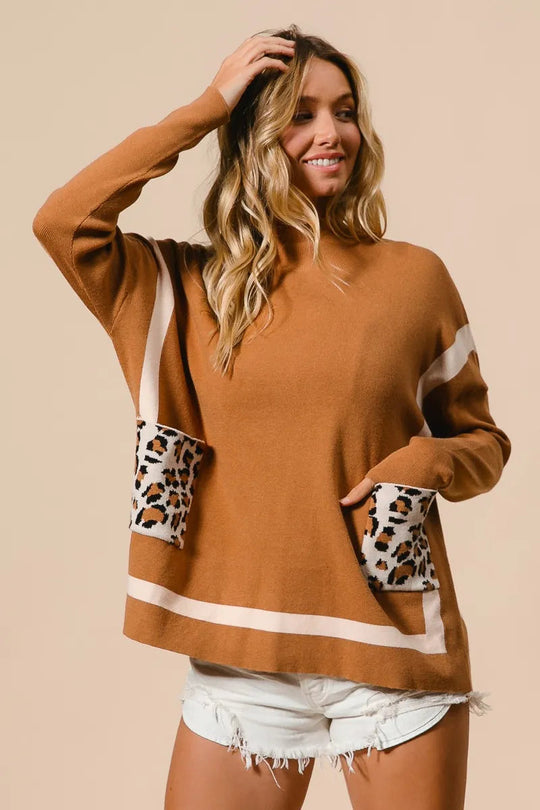 Kvinders Mock Neck Sweater med Leopard Lomme Rayon Nylon 5