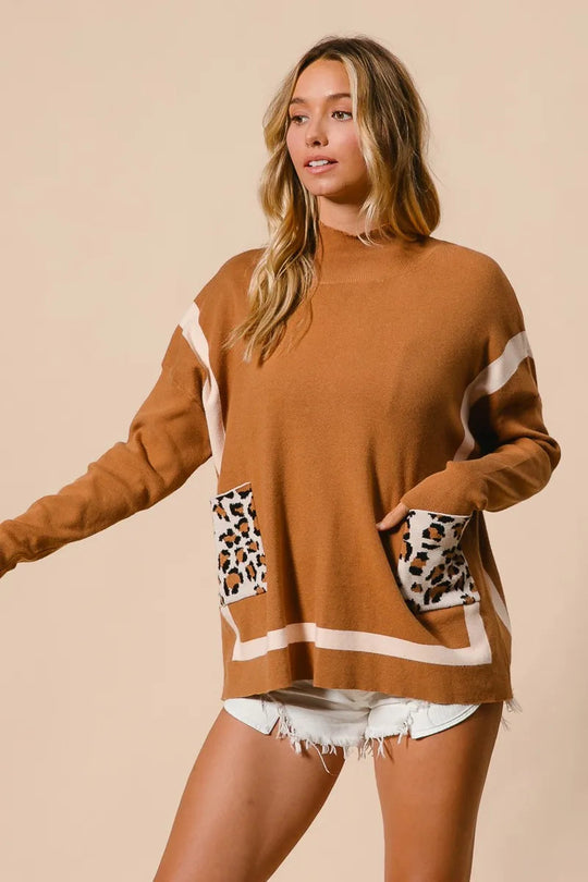Kvinders Mock Neck Sweater med Leopard Lomme Rayon Nylon 6