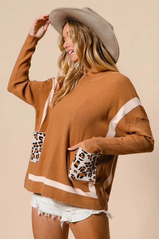 Kvinders Mock Neck Sweater med Leopard Lomme Rayon Nylon 7