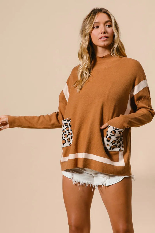 Kvinders Mock Neck Sweater med Leopard Lomme Rayon Nylon 8