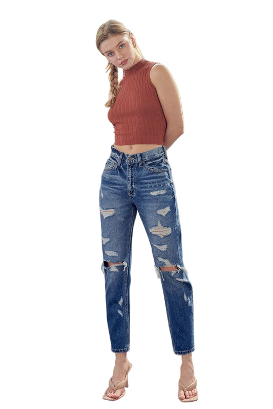 Kvinders Mom Fit Jeans Høj Talje Denim 0